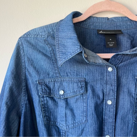 Lane Bryant Chambray Snap Button Front Shirt Roll Tab Sleeves Blue Size 18 - Picture 3 of 6